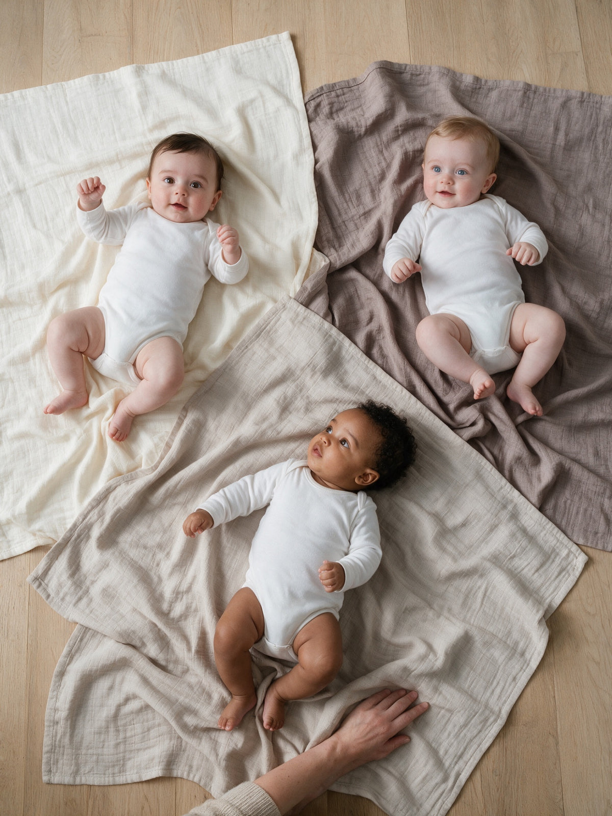Three babies lying on Toasted Oat muslin swaddles