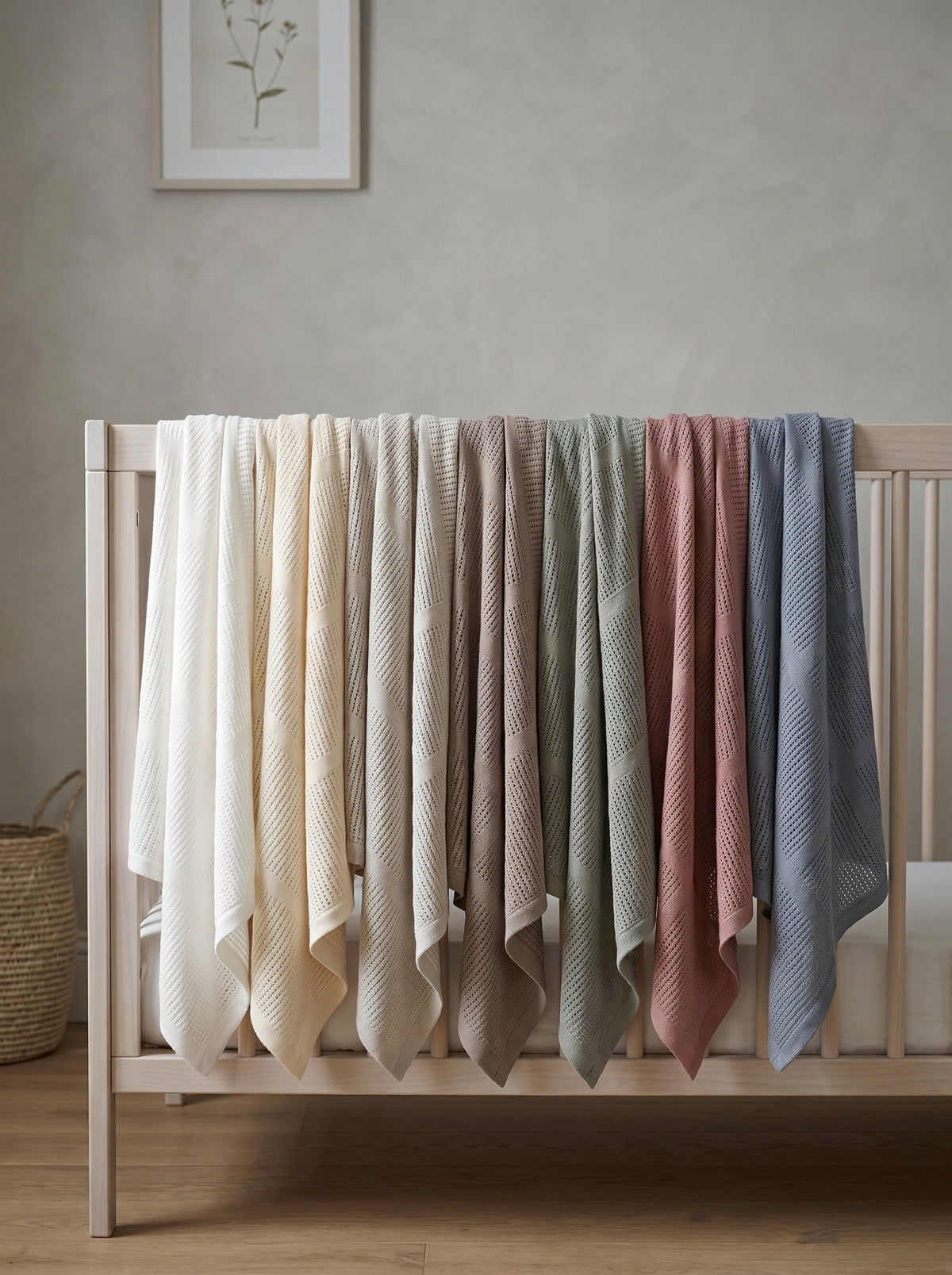 Bloomsbury Mill cellular blankets in all seven colours hanging over a wooden cot rail