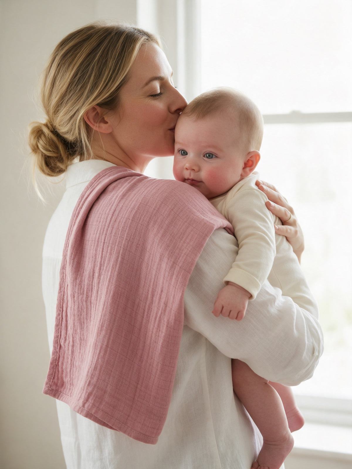Mother holding her baby with a Soft Blush muslin square over her shoulder